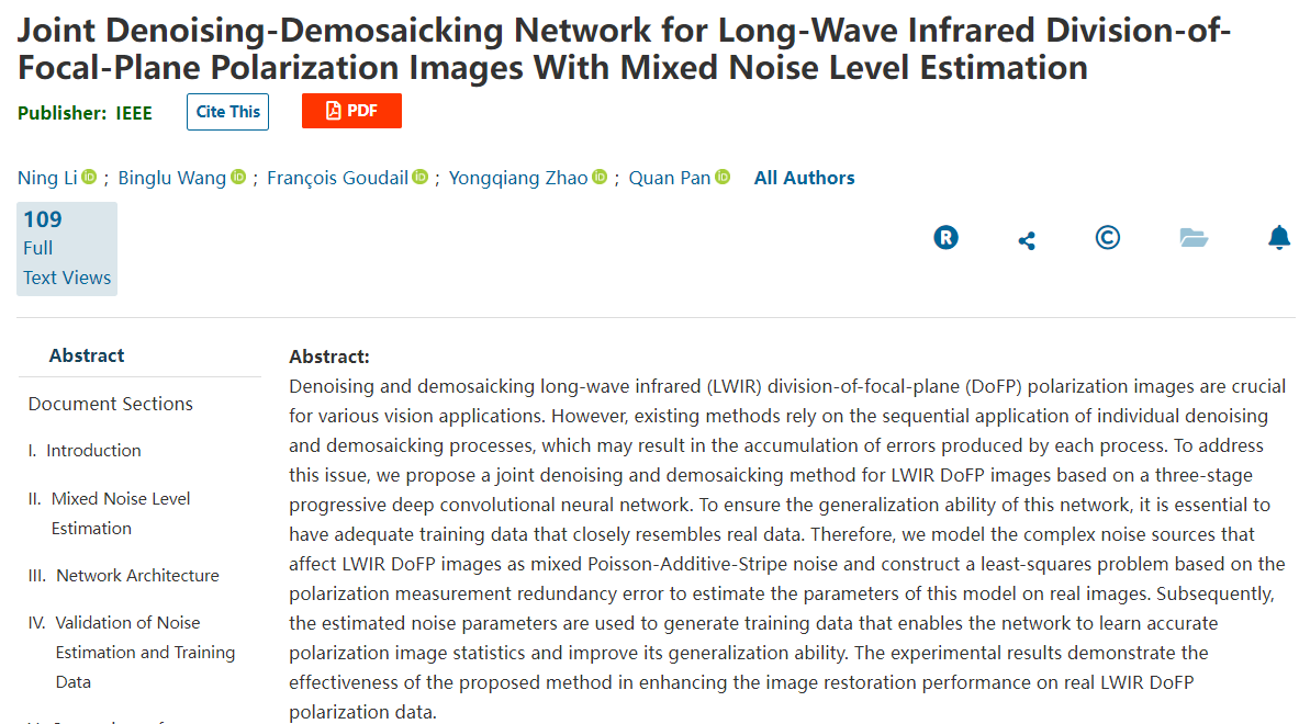 Joint Denoising-Demosaicking Network for Long-Wave Infrared Division-of-Focal-Plane Polarization Images with Mixed Noise Level Estimation